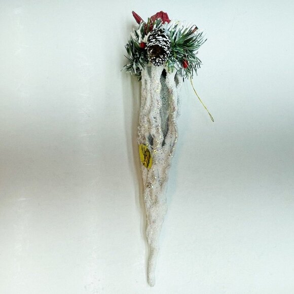 Unbranded Other - Vintage Christmas Ornament Cardinal In Pine Nest On White Glittered Icicle 6"